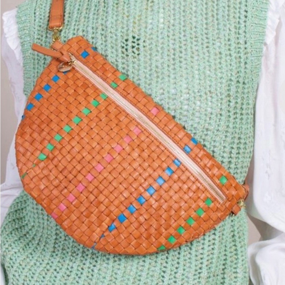 ISO Clare V Grande Fanny in woven brown with blue green and pink.